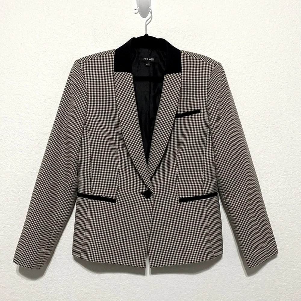 Nine West Gingham Plaid Button Front Blazer Size 8